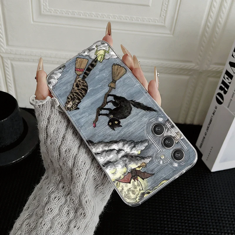 Black Cat Broom Flower Cat Transparent Phone Case Suitable for Samsung Galaxy S26 S25 S24 S22 S21 S20 FE/Ultra/Plus Anti Drop