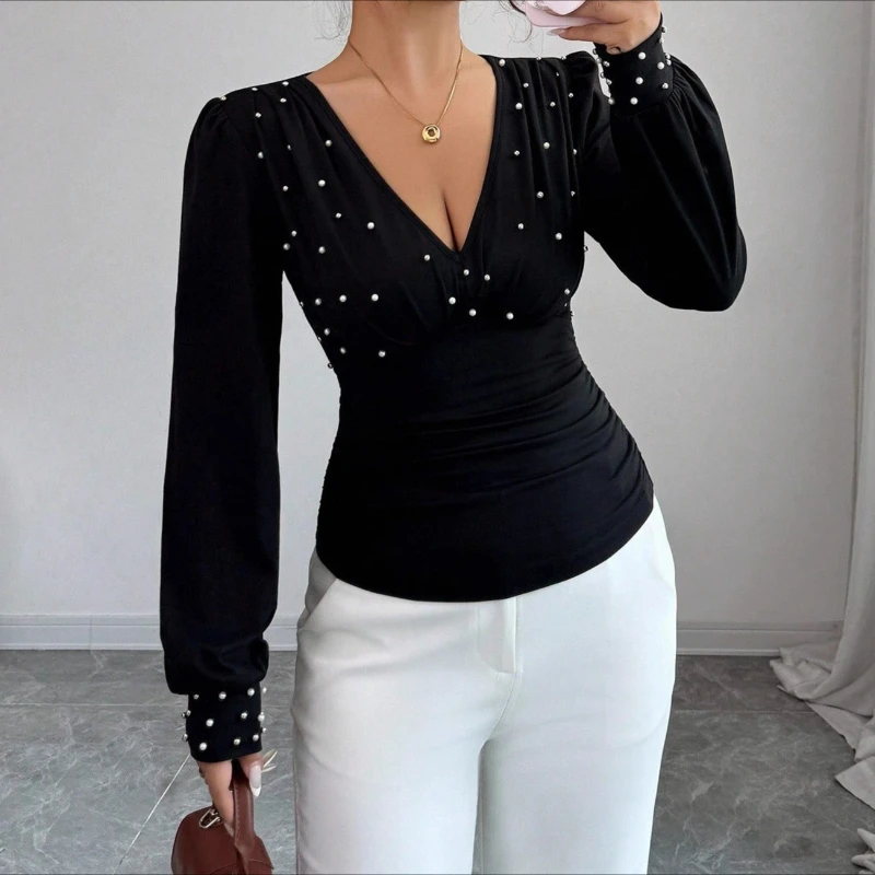 

Fashion Casual Blouses Autumn Glitter V Neck Long Sleeve Pearl Decoration Black Blouse Pullover Shirt Female Slim Top 2025