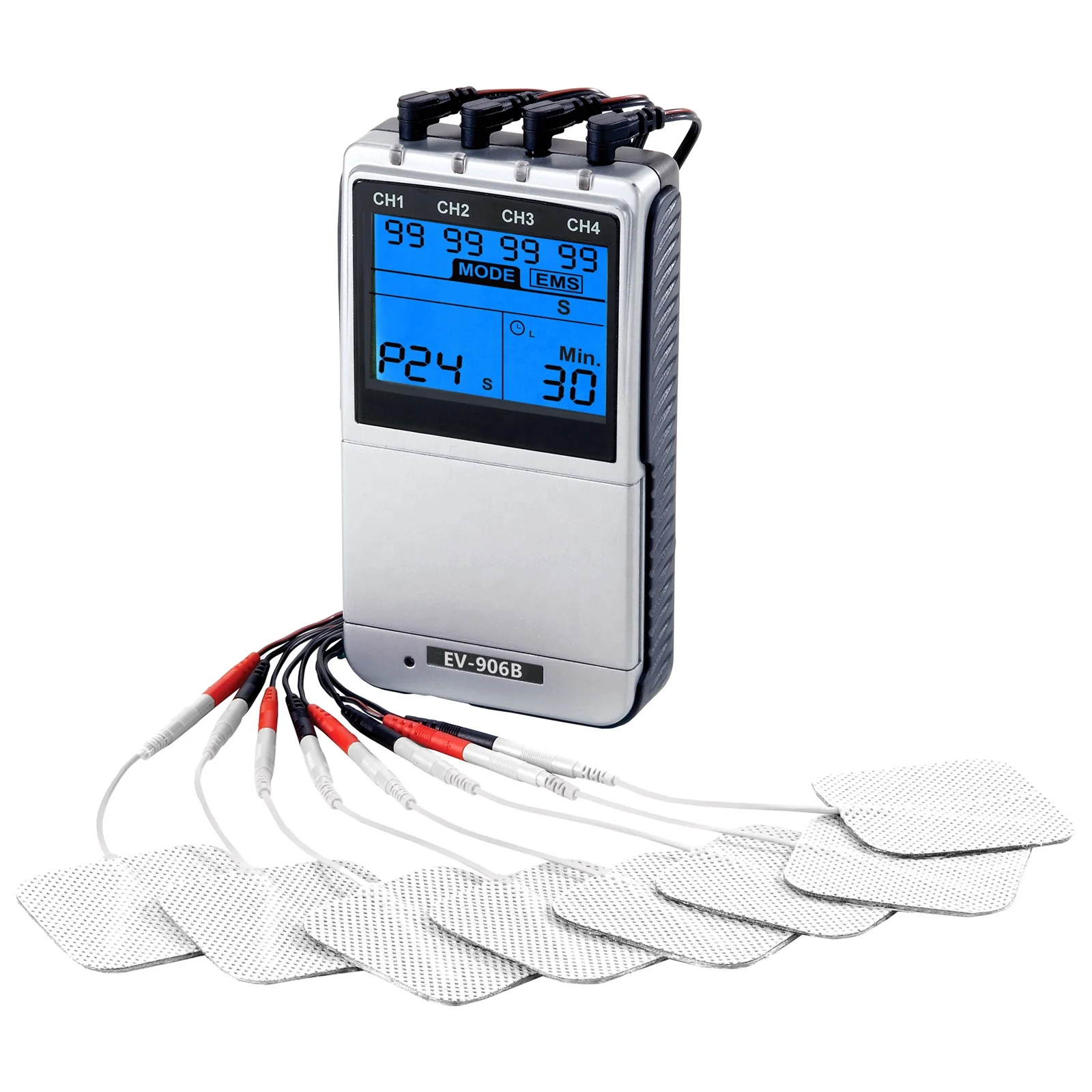 Hot Sale 4-Channel TENS Unit EMS Muscle Stimulator Combo Electronic Pulse Massager Machine with 8 Pads EV-906