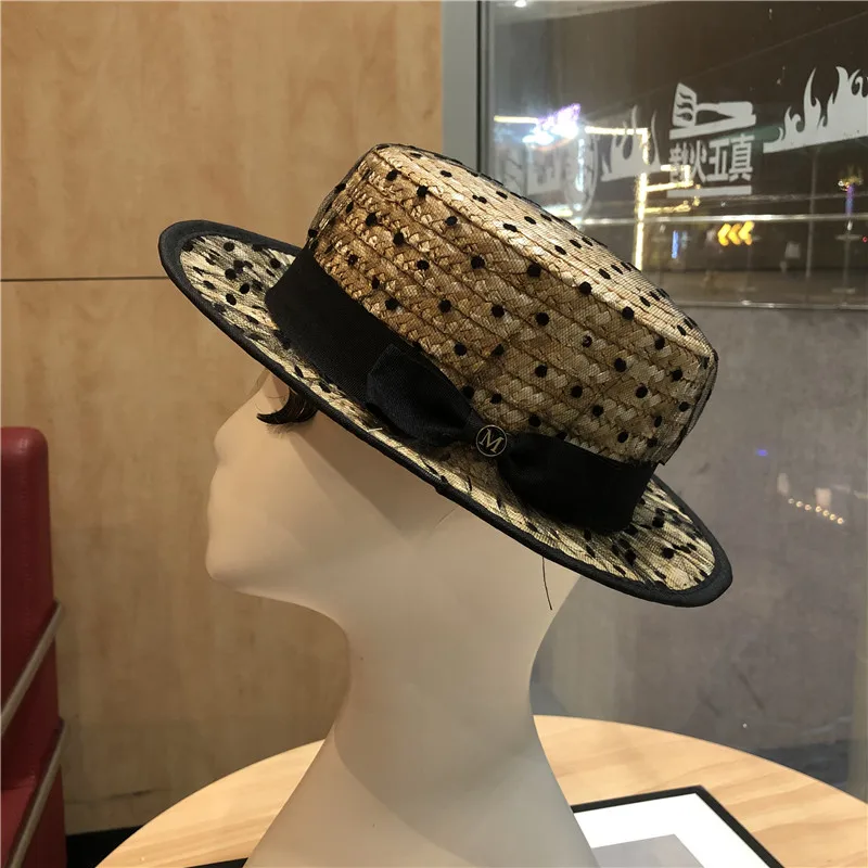 Designer Brand Temperament Wavy Dot Net Yarn Casual Straw Hat Women\'s Summer Outing Straw Straw Flat Top  Sun Caps for Women