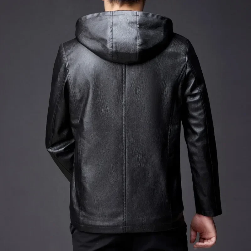 Winter High-end Men\'s Hooded Leather Jacket with Waterproof Windproof and Plush Insulation Men Clothing