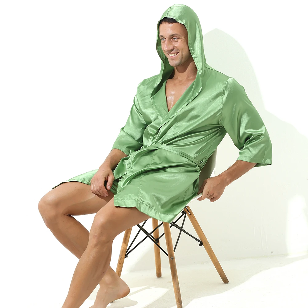 Sexy Silk Hoodies Robes Men Bathrobe Tracksuits Slip Homme Causal Loungewear Satin Hooded Bathrobe Night Gown Nightwear Pajamas