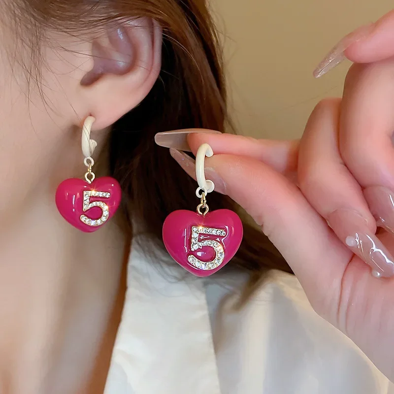 Number 5 Copy Brand Women's Pink Earrings Love Heart Kawaii Earrings Japanese Korean Style Aesthetic Sweet Sugar Celin Letter C