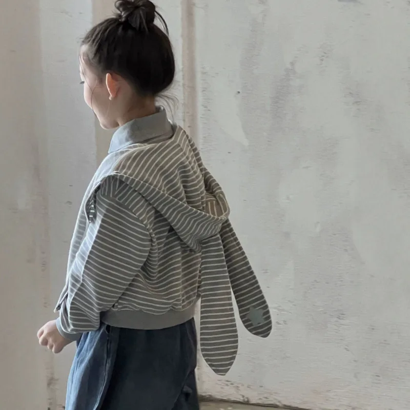 Girls Cotton Hood Sweatshirt Stripe Jacket Big Kid Children Cute Rabbit Ears Casual Zipper Cardigan 3-12 Years Outfit Clothes