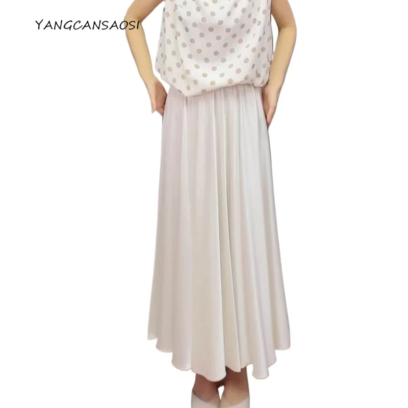 

Women's Fashion Clothing 3.5m Large Swing 21MM 92% Natural Mulberry Silk Elastic Satin Diagonal Cut Elongated White Skirt