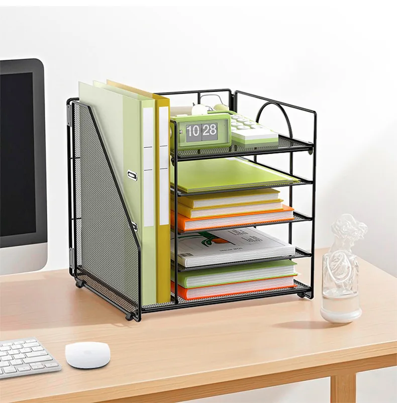 Cross-border Five-tier Rectangular Desktop Sliding A4 Iron File Rack Black/White/Pink Office Document Tray Organizer