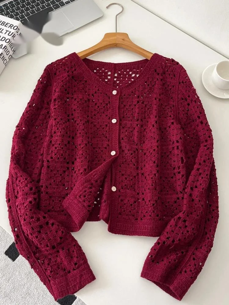 

Women Long Sleeves Beach Shirt Fashion O Neck Single Breasted Hollow Out Blouse Streetwear Plaid Vacation Casual Top