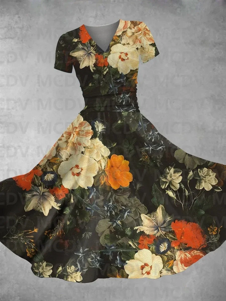 Women's Vintage Floral Print Maxi Dress 3D Printed Sexy V-neck Dress Female Dresses