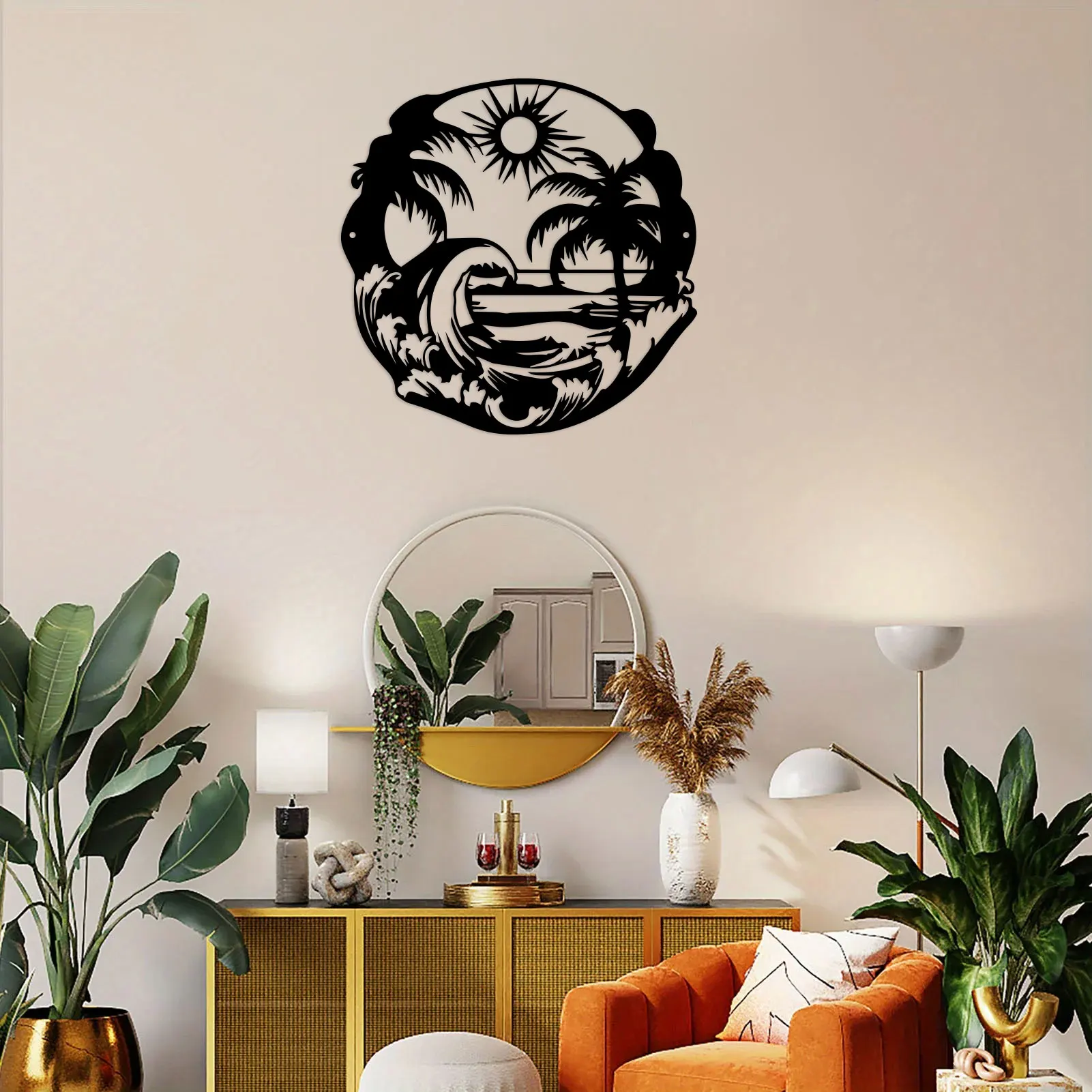 1pc Metal Wall Decor Seascape Black Metal Wall Art Palm Tree Wall Sculptures Beach Wall Hanging for Bathroom Ocean Wave