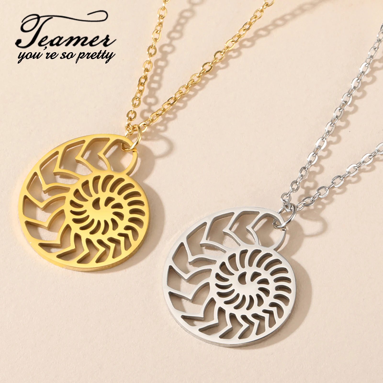 Teamer Bohemian Geometric Nautilus Women's Necklace Stainless Steel Round Pendant Vintage Wedding Jewelry Valentine's Day Gifts