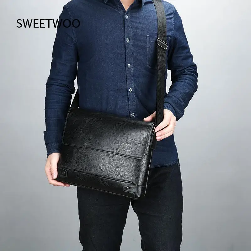 Men Minimalist Flap Messenger Bag Black Faux Leather Crossbody Shoulder Bag Casual Laptop Satchel