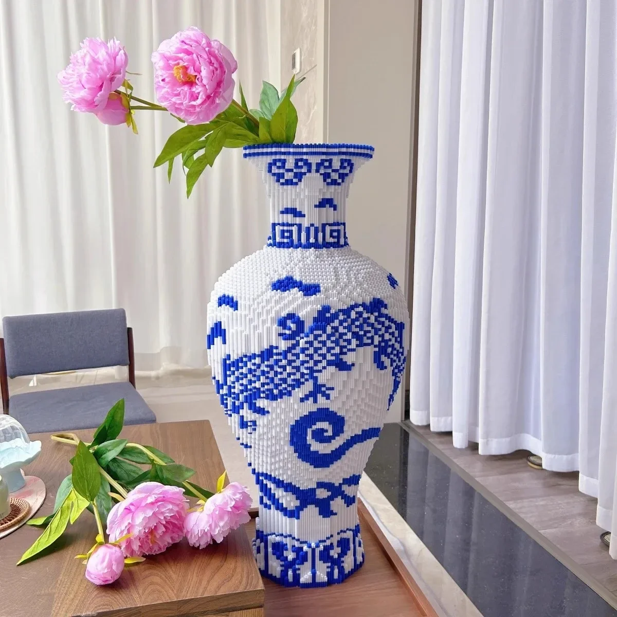 Large Chinese Wind Dragon Pattern Blue and White Porcelain Vase Building Block High Difficulty Toy Girl Puzzle Gift Ornament