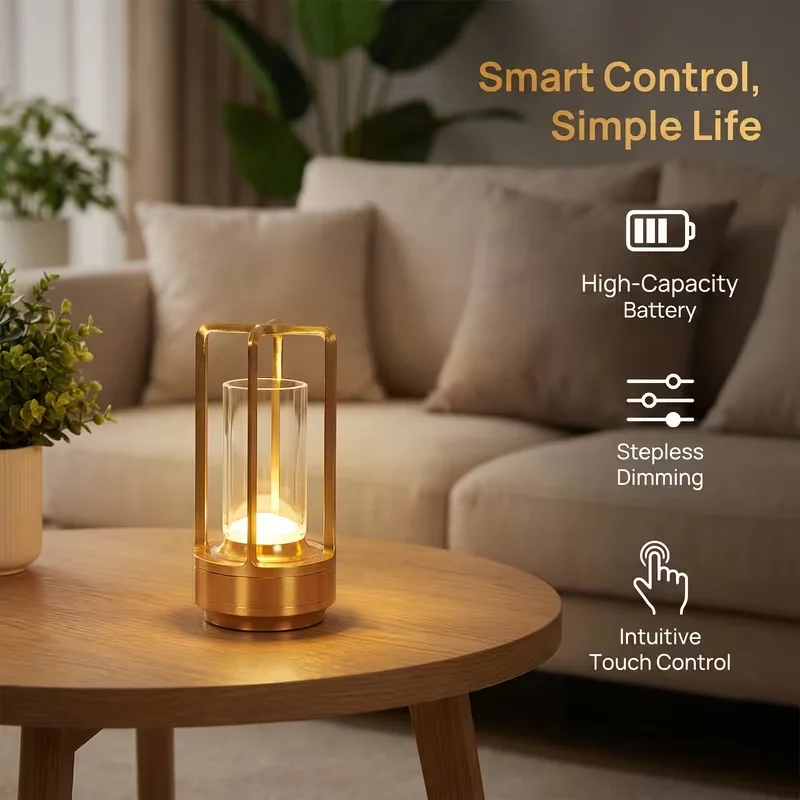 Modern Rechargeable LED Table Lamps High-Capacity Battery with Clear Glass Cylinders and Aluminum Frames Touch-Control Dimmable Ambient Lights with 3 Color Temperatures Available in Golden Black or Silvery for Bedroom Bedside Dining Table and Home Decor