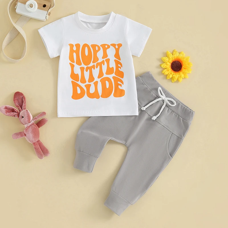 

2023-11-22 Lioraitiin 3M-3Y Toddler Baby Boy Summer Clothes Easter Outfits Short Sleeve Letter Print O-neck Sweatshirt Pants Set