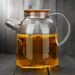 1000ml/1800ml Large Capacity Transparent Glass Teapot Heat-resistant Filter Flower  with Bamboo Cover  Handle Juice