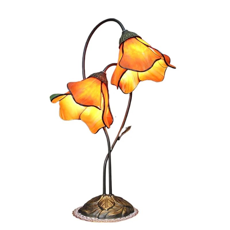

Antique Handmade Gift Tiffany Style Stained Glass Table Lamps Beside Desk Lamp Orange Petal Lampshade Night Light