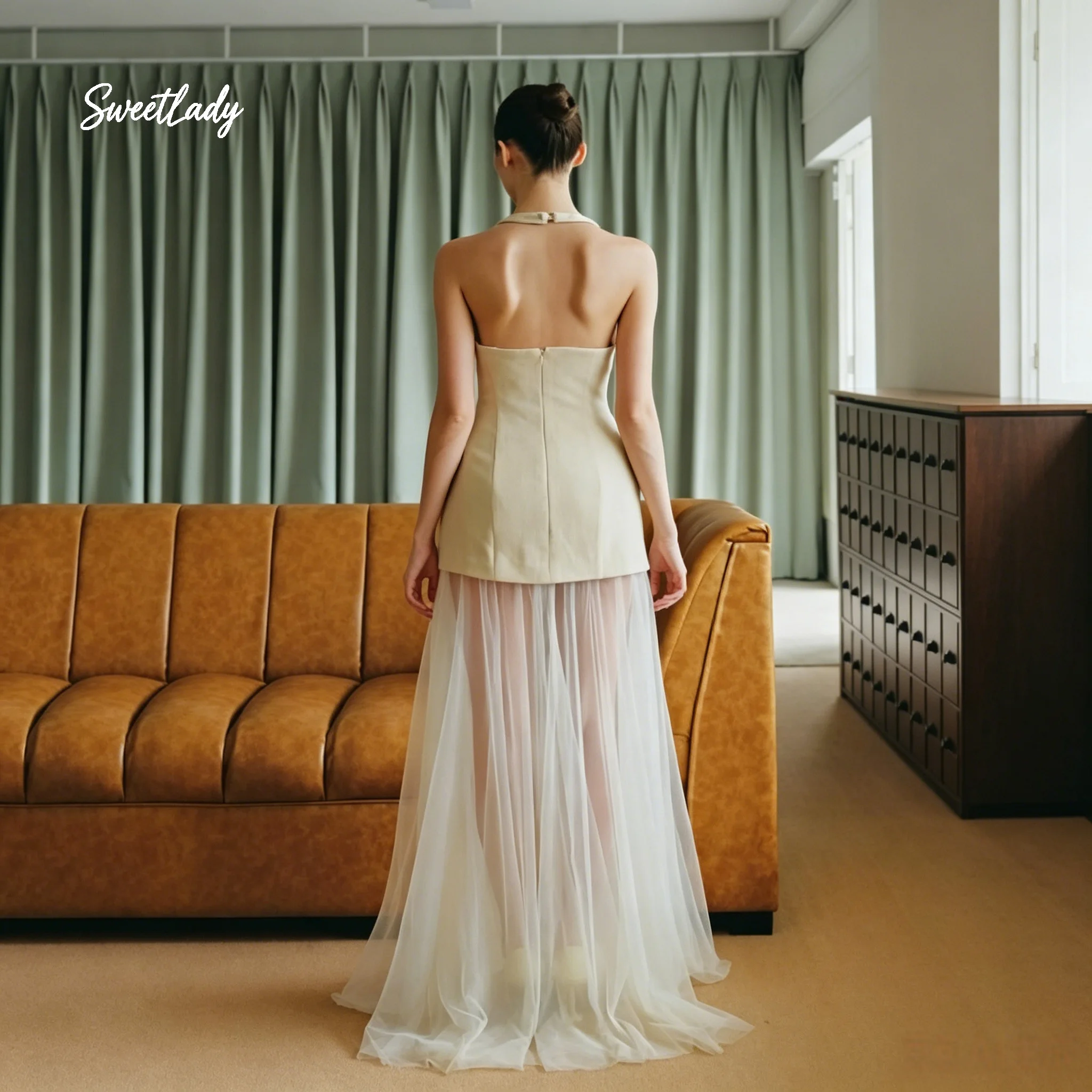 SweetLady Cream Sleeveless U Neck Bodycon Mini Top Flowy Sheer Tulle Maxi Skirt Elegant Bridal Reception Dress