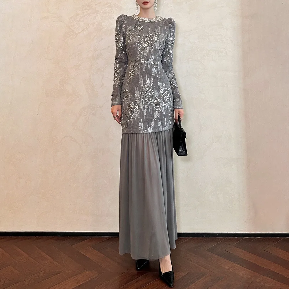 TWOTWINSTYLE Gray Spliced Sequins Dress Female O Neck Long Sleeve Loose Elegant Intellectual Women's Dresses Autumn Fashion New