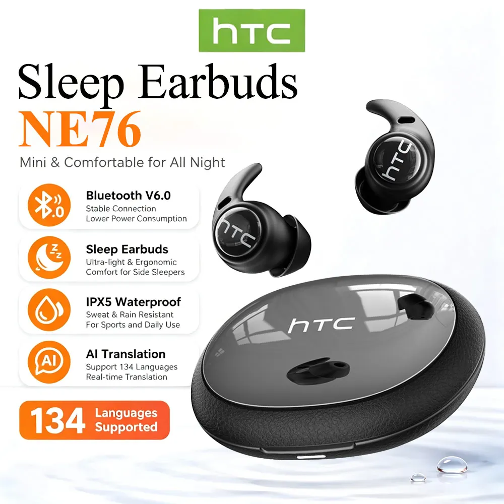 Écouteurs anti-bruit pour le sommeil HTC Original NE76, traduction IA, écouteurs sans fil Bluetooth, son stéréo HIFI, casque audio