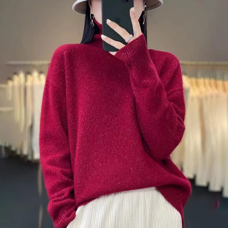 Autumn And Winter Women's New Pure Wool Knitted Underlay Half High Collar Shiny Silk Fashion Beautiful Thickened Korean Sweater