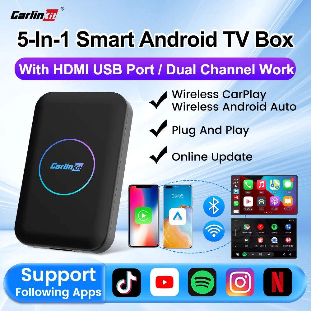 

CarlinKit HDMI Android TV Box 5-In-1 Wireless Adapter Support Netflix IPTV Wireless Android Auto & CarPlay Dongle For Car Radios