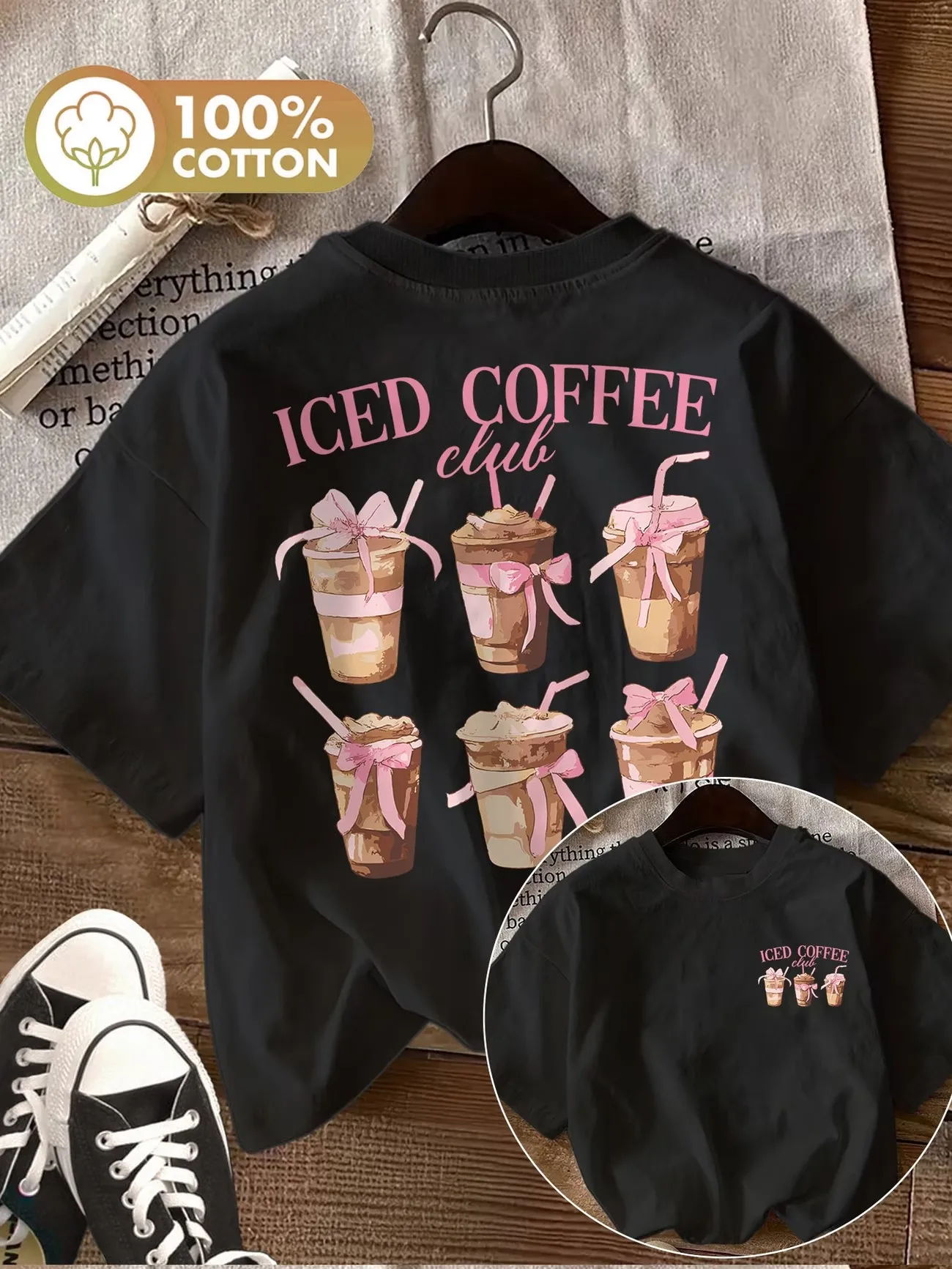 Graphic Iced Coffee Club Cotton Coffee Lover Harajuku T-Shirt, weiches, kurzärmliges Oberteil mit Rundhalsausschnitt, Damenbekleidung – Detail 5
