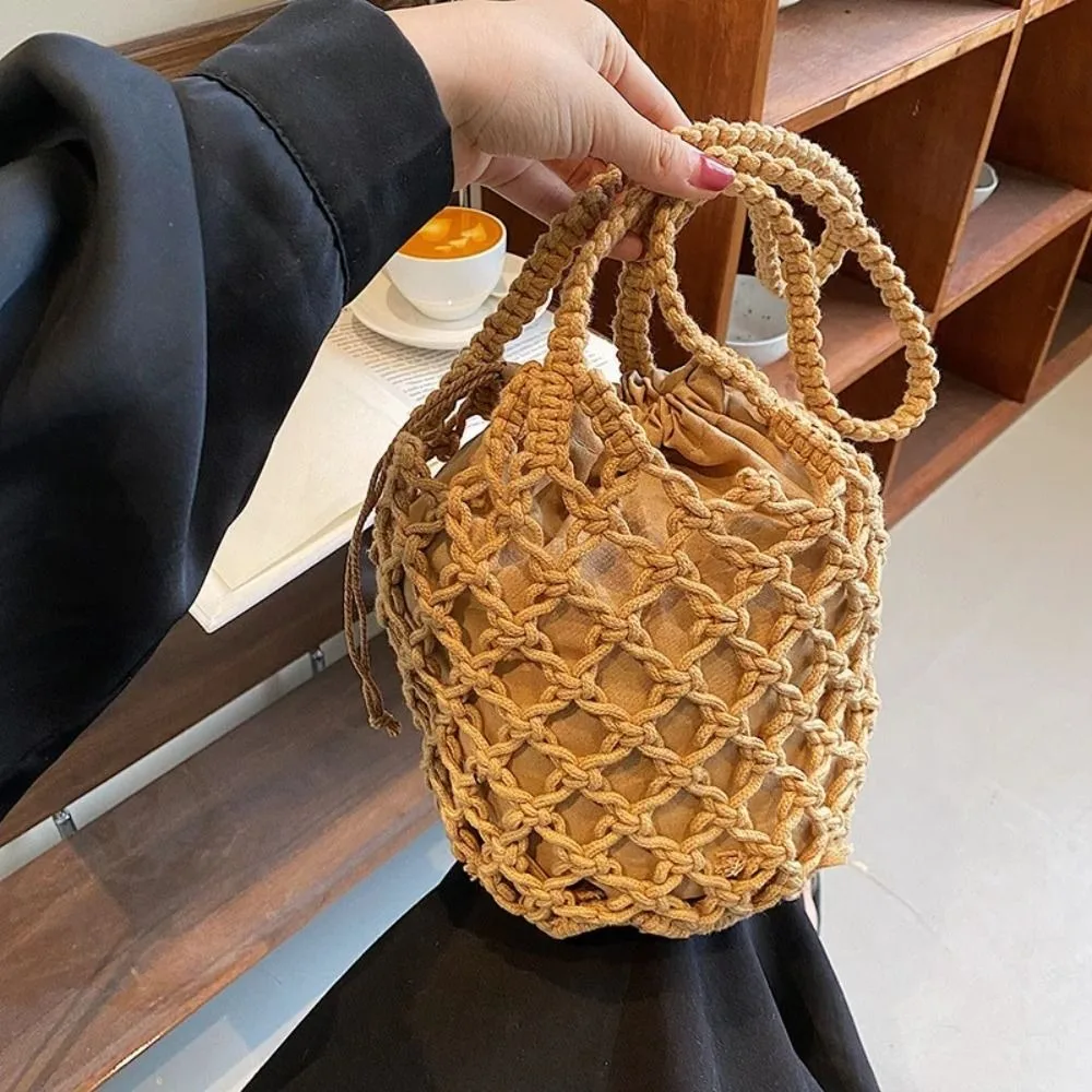 

Korean Style Knitted Bucket Shoulder Bag Niche Design Solid Color Mesh Rope Shoulder Bag Tote Bag Handbag Small Phone Bag Beach