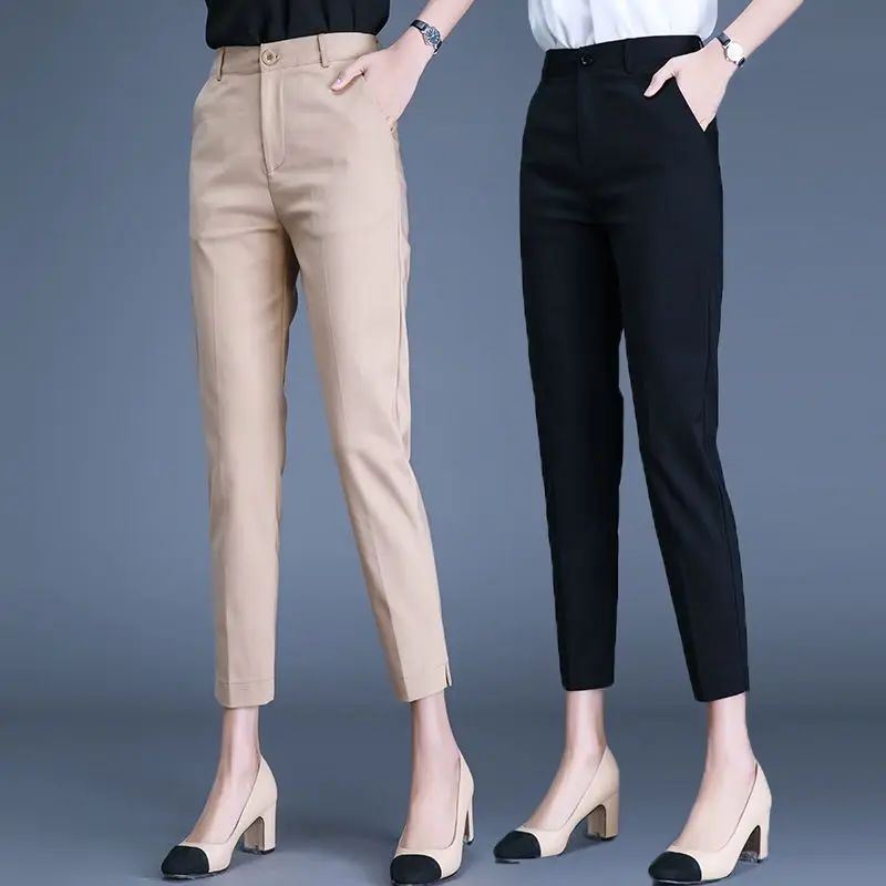 Spring Summer New Style High Waist Slim Fit Split Women's Black Nine Point Pants Straight Leg Casual Trousers for Ladies