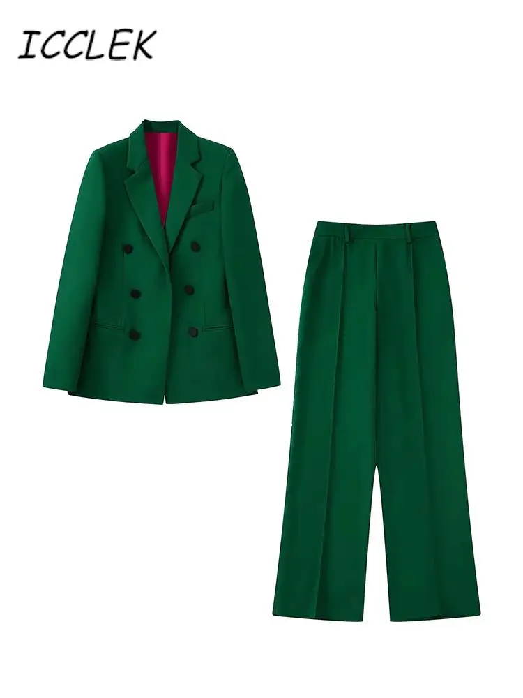 Women\'s Trouser Suit Green Blazer Pant Suits Autumn Women\'s Formal Outfits Office Lady Pants Sets Double Breasted Solid  Blazer