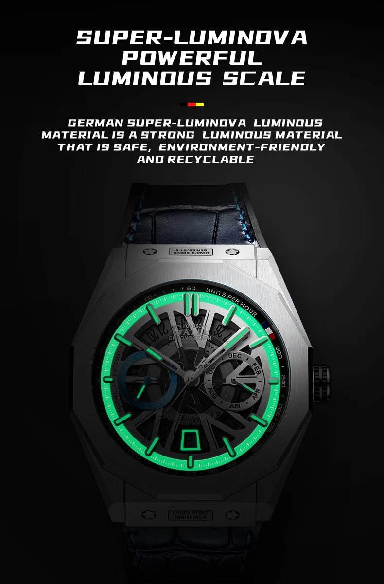 BONEST GATTI Orologio automatico da uomo Orologio da polso meccanico di lusso Scheletro Impermeabile Zaffiro Luminoso Moda Mese Settimana Data