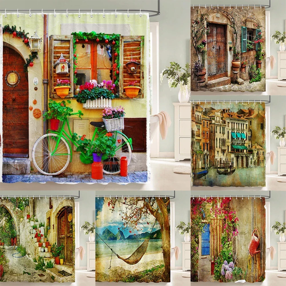 

3D European-style town street landscape printing bathroom waterproof shower curtain polyester curtain home decoration curtains