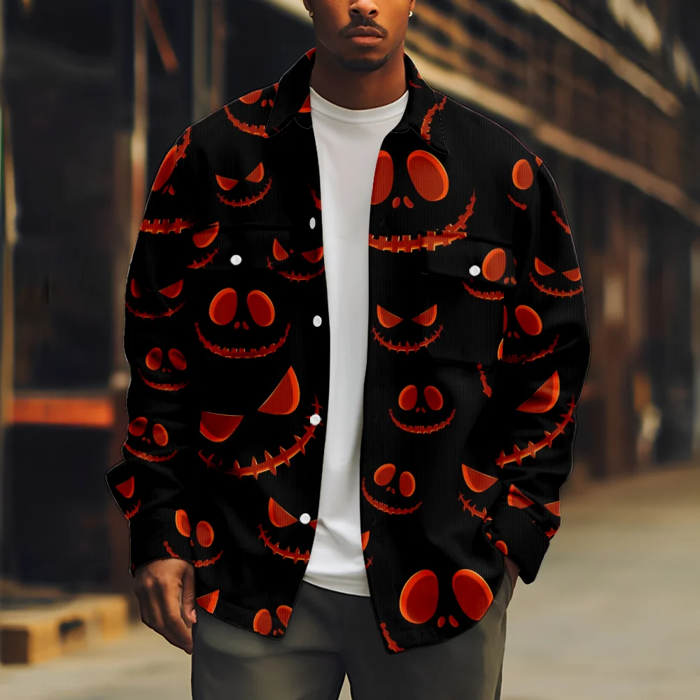 Halloween Jacket for Men Pumpkin and Bat Print Long Sleeve Turn-down Collar Orange Coat Casual Streetwear