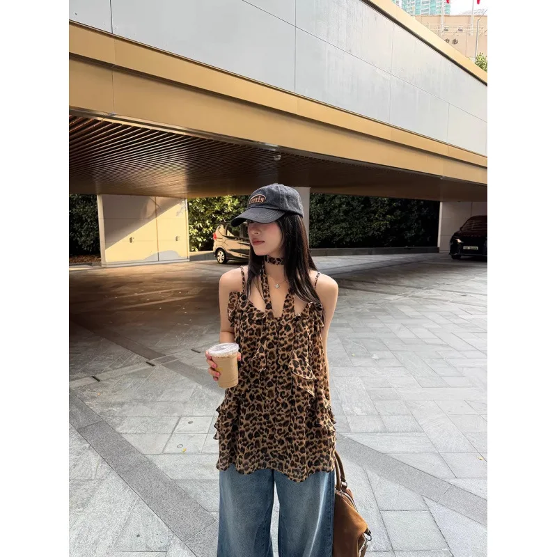Y2K Leopard Print Camisole Top for Women with Choker Strap Ruffle Detail Sleeveless Blouse