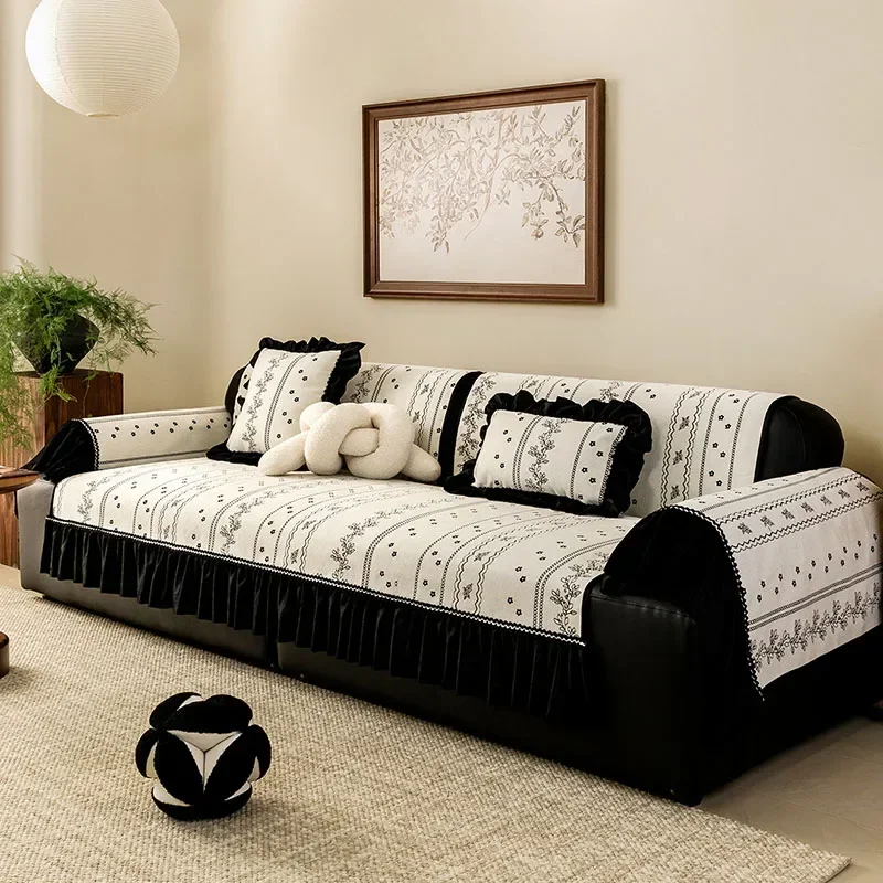 European Floral Print Sofa Cover with Skirt Hem Soft Chenille Sofa Cushion for All Seasons Anti Slip Dustproof Protective Cover