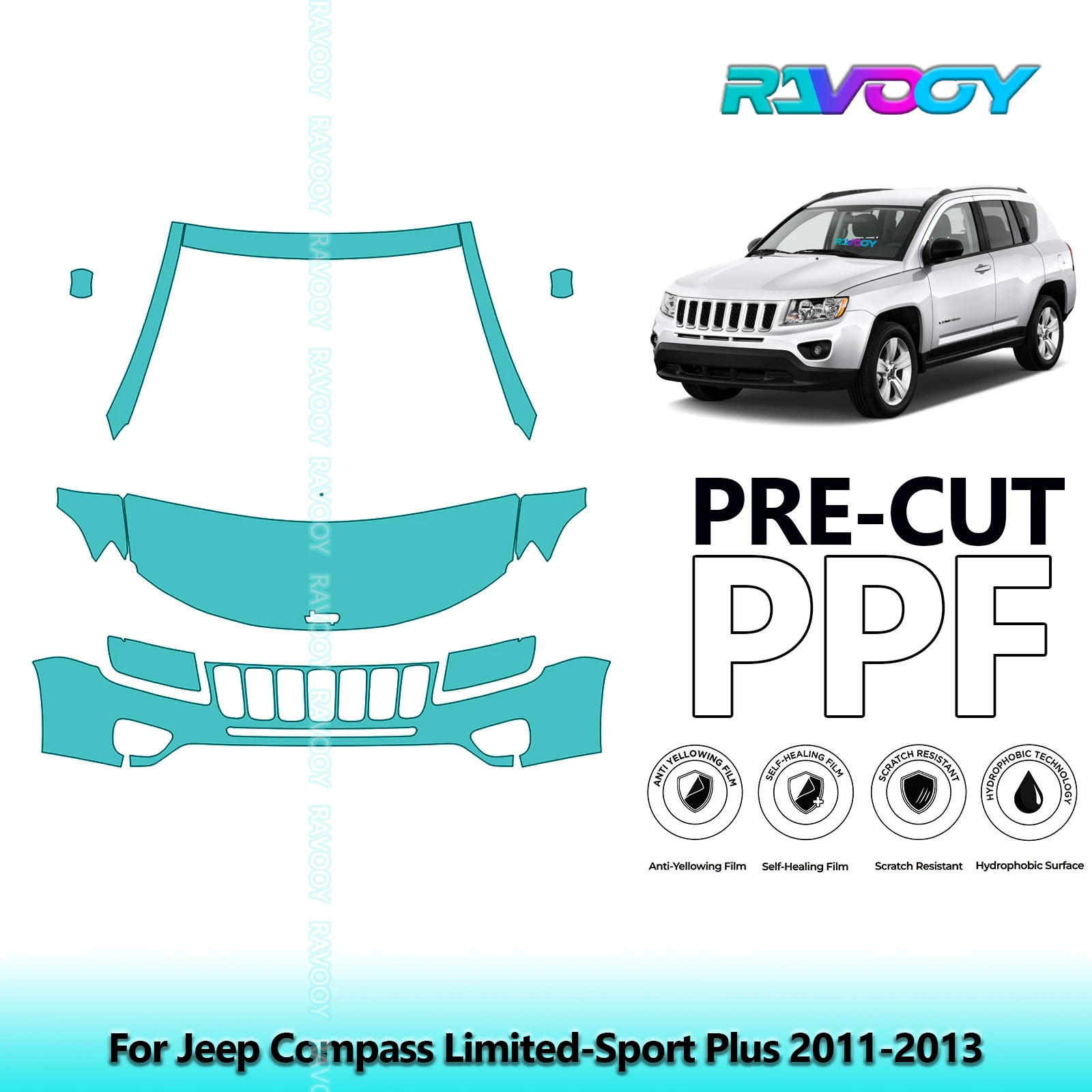 RAVOOY 8.5Mil Custom-Fit Precut TPU PPF Front Kit Clear Bra Stone Guard EU UK For Jeep Compass Limited-Sport Plus 2011-2013