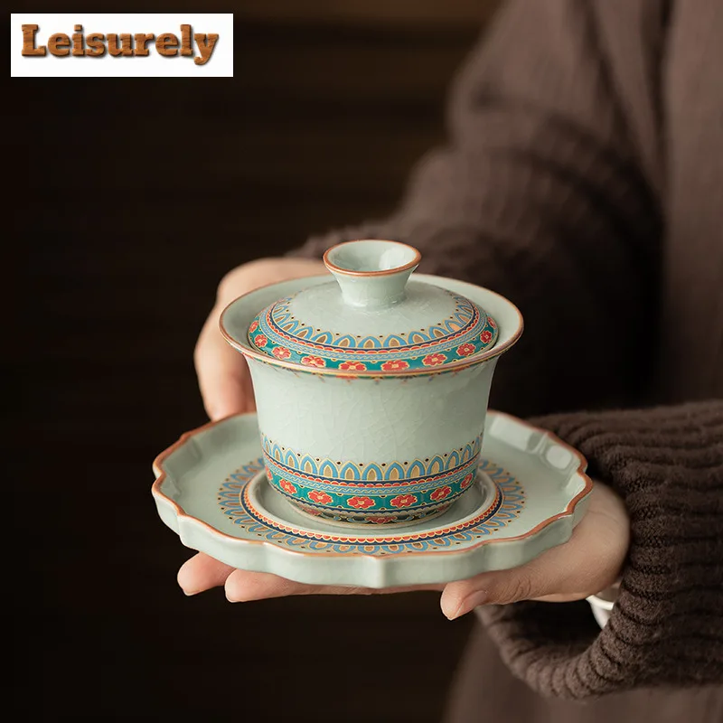 

160 мл Ru Kiln Dunhuang Treasure Flower Подкова Gaiwan Винтажная чайная вареная чаша для чая с набором крышек Чайник Крышка Чаша Чайный набор