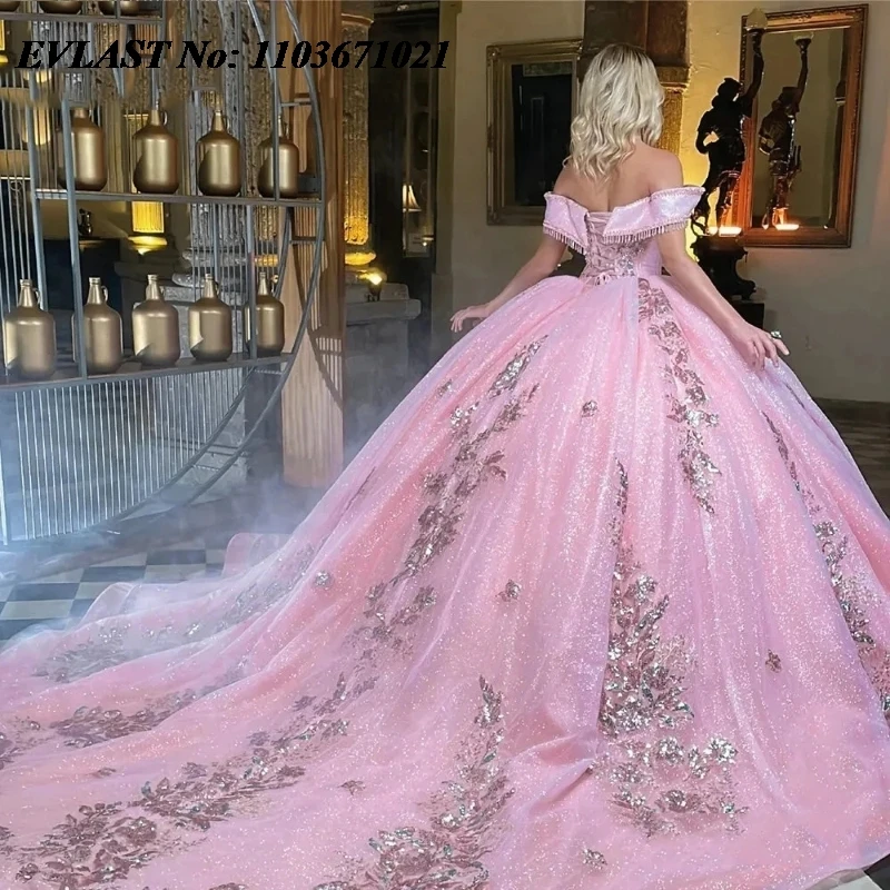 

EVLAST Customized Glitter Pink Ball Gown Quinceanera Dress Sequins Lace Applique Beaded Corset Sweet 16 Vestidos De Anos SQ388