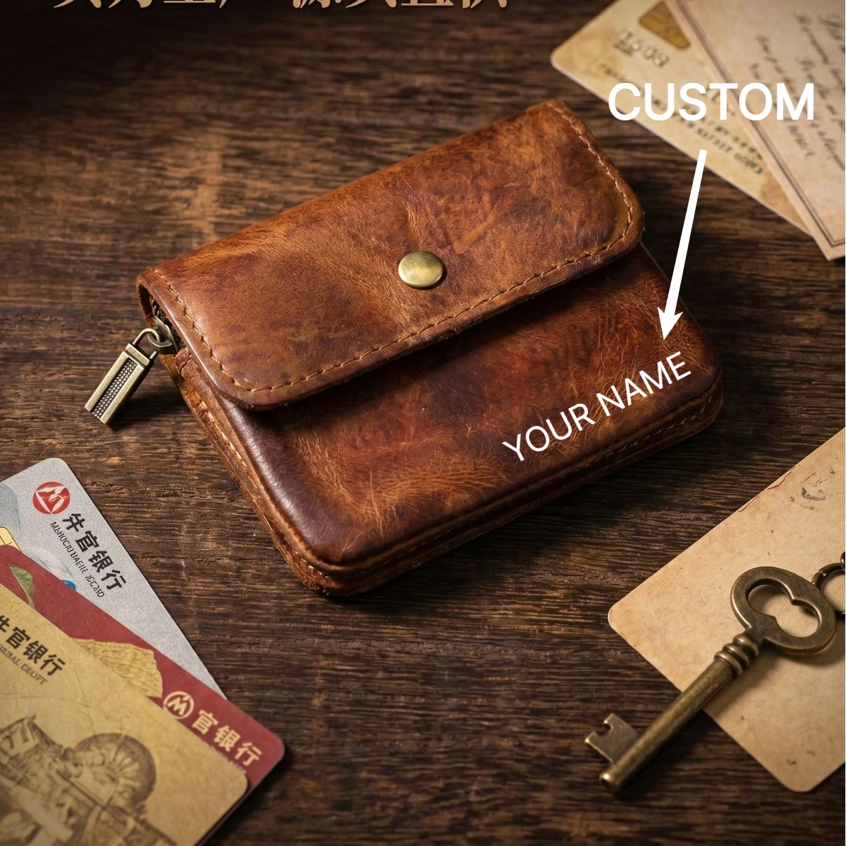 Custom Engravable Logo Full Grain Vegetable Tanned Leather Coin Purse Vintage Large Capacity Multi-Card Holder Wallet