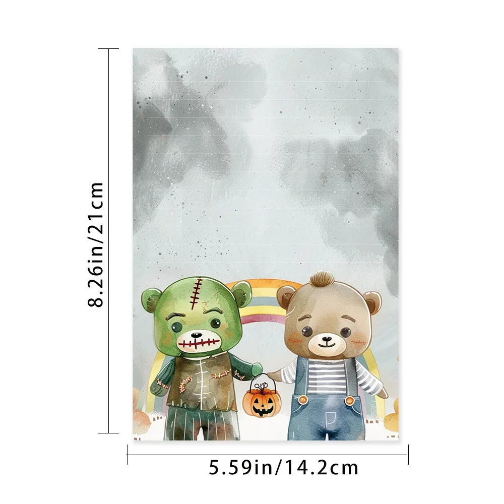 50 Sheets,Halloween Zombie Bear Holding Hands Themed Writing Paper, Lined, Glue-Free, Perfect for Notebooks, Memos, and Stickers