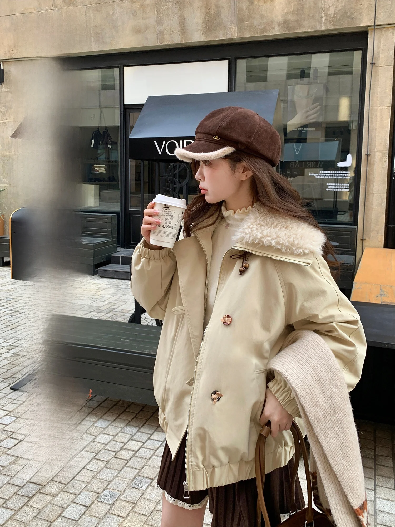 

BibiBency Women's ort Loose Cotton Jaet with Large Collar Lamb Fur Trim Winter Coat Sweet Sle Long Sve Zipper