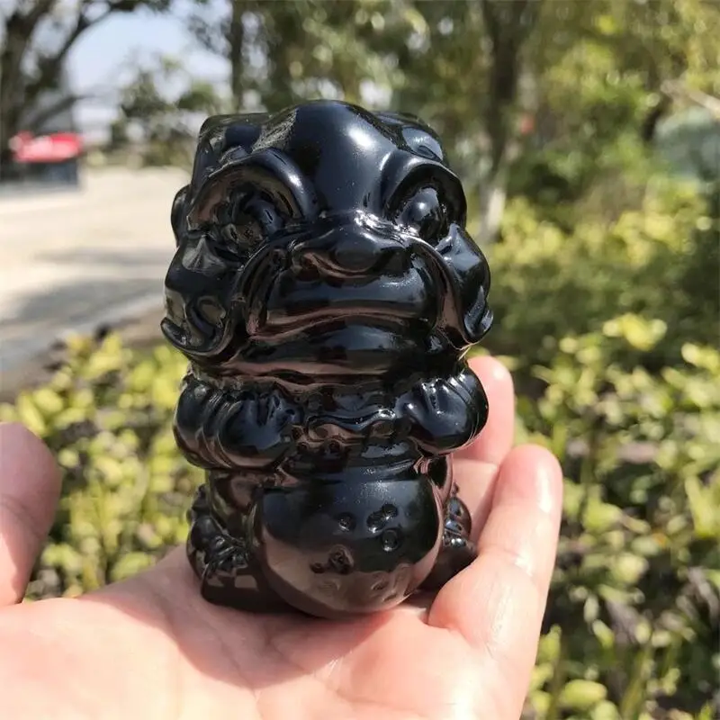 

Natural Black Obsidian Crystal Stone Dancing Lion Statue Hand Carved Crafts Cute Ornament Home Decoration Gift 1pcs