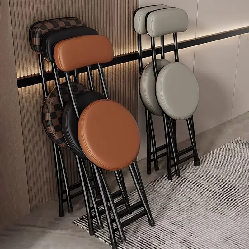 Home Leather Folding Chair, Easy Storage Leather Dining Table Stool, Mazza Small Round Stool, Simple Stool with Backrest