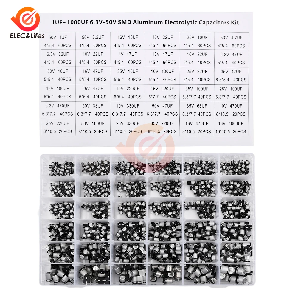 1500PCS 1UF-1000UF 6.3V-50V 36 Value SMD Aluminum Electrolytic Capacitors Assortment Kit With Box for Electronics PCB Circuit