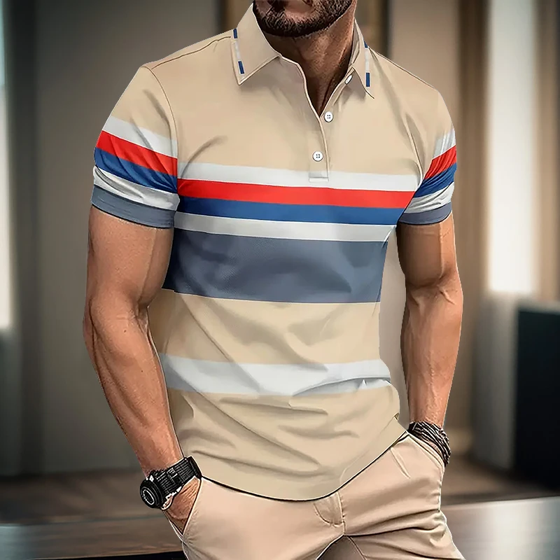 Men\'s New Summer short sleeved lapel 3D digital printed striped polo shirt buckle men\'s business casual top