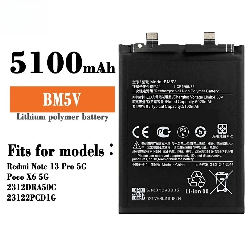 5000mAh /5100mAh BN5P BM5V BM5U para Xiaomi Redmi Note 13/Note 13 Pro/Note 13 Pro + Pro Plus 5G Baterias de telefone móvel + ferramentas