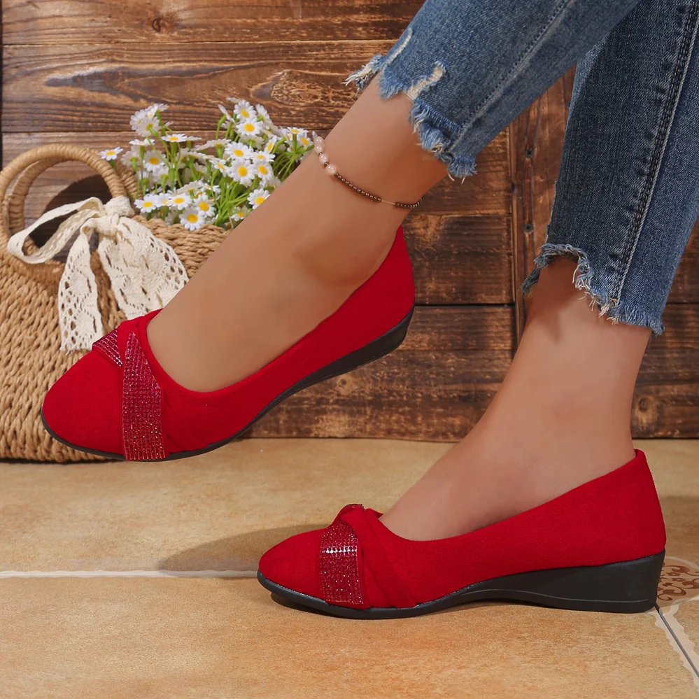 Damen-Keilabsatzpumps mit Strass-Schleife, geschlossener Zehenbereich, Slip-On-Plattform, dicker Absatz, lässige Damenschuhe, große Größen – Detail 24