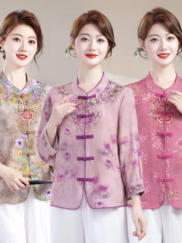 

Элегантная вышитая рубашка для женщин среднего и старшего возраста, китайский кардиган на пуговицах, дышащий, свободного кроя, из полиэстера.