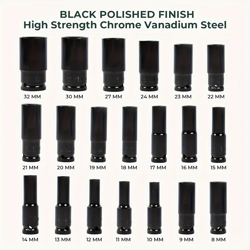 15pcs 1/2 Inch Hex Impact Wrench Sockets Black Finish Heavy Duty Socket Set Carbon Steel Deep Sleeve For Auto Repair