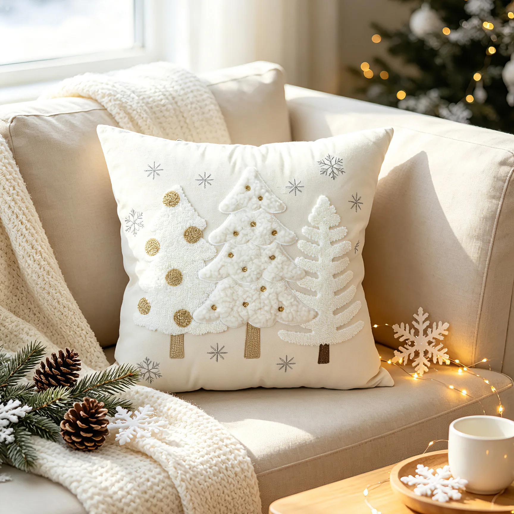 Weihnachtsbaum-Stickerei-Kissenbezug, weicher, mit Schneeflocken bestickter Kissenbezug, Weihnachts- und Neujahrsdekoration – Detail 11