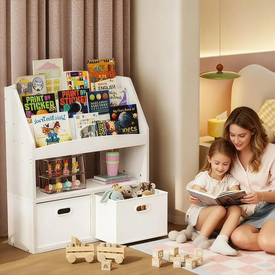 منظم تخزين ألعاب رف كتب للأطفال مع علبتين من القماش، رف كتب للأطفال من 3 طبقات، خزانة كتب للأطفال الصغار، غرفة الأطفال